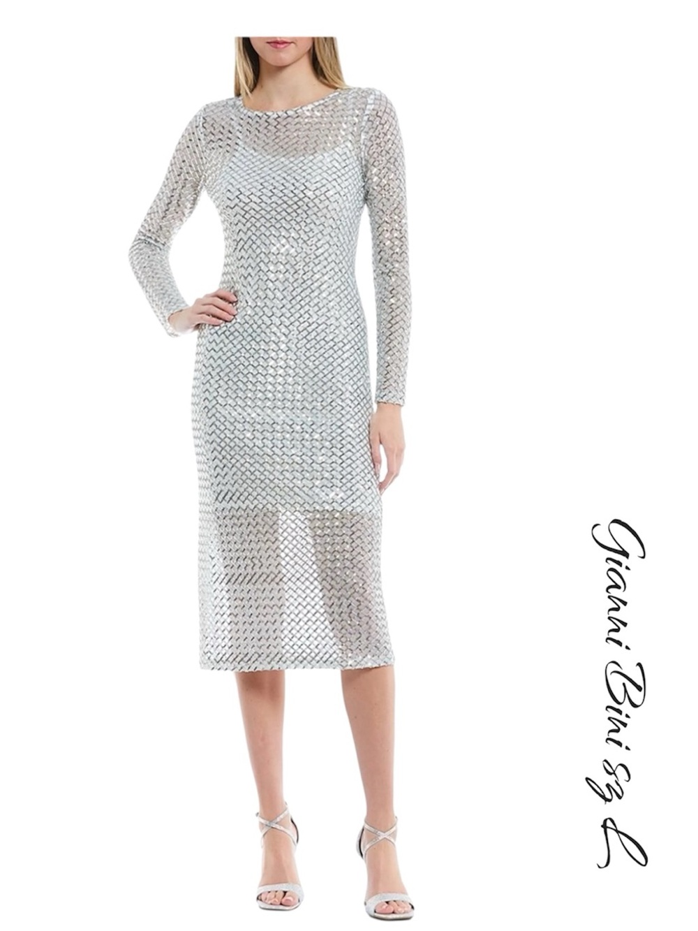 Gianni Bini Sequin Lattice Long Sleeve Midi Dress Holiday New Year